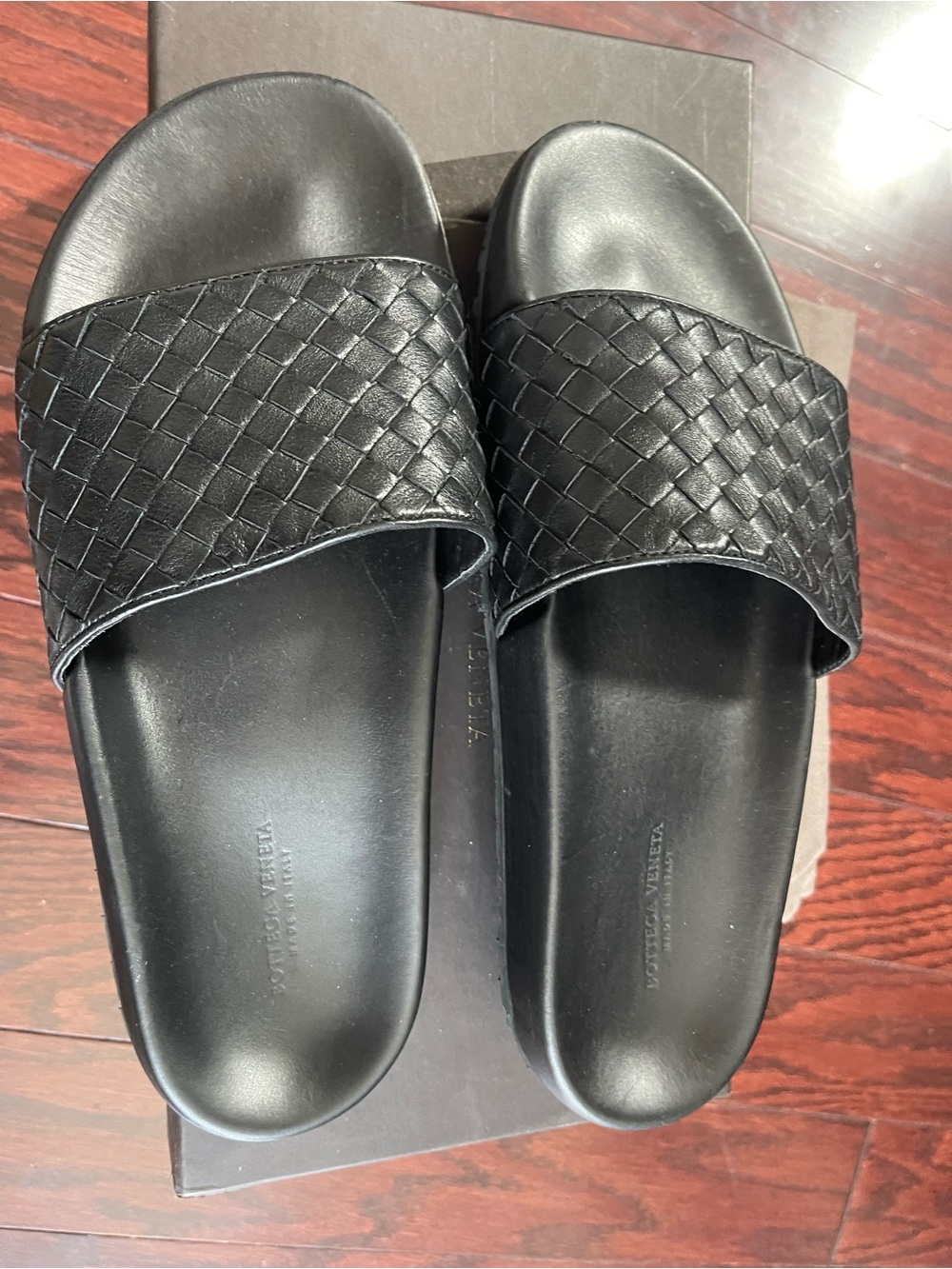 Bottega Veneta Black Woven Leather Slide Sandals